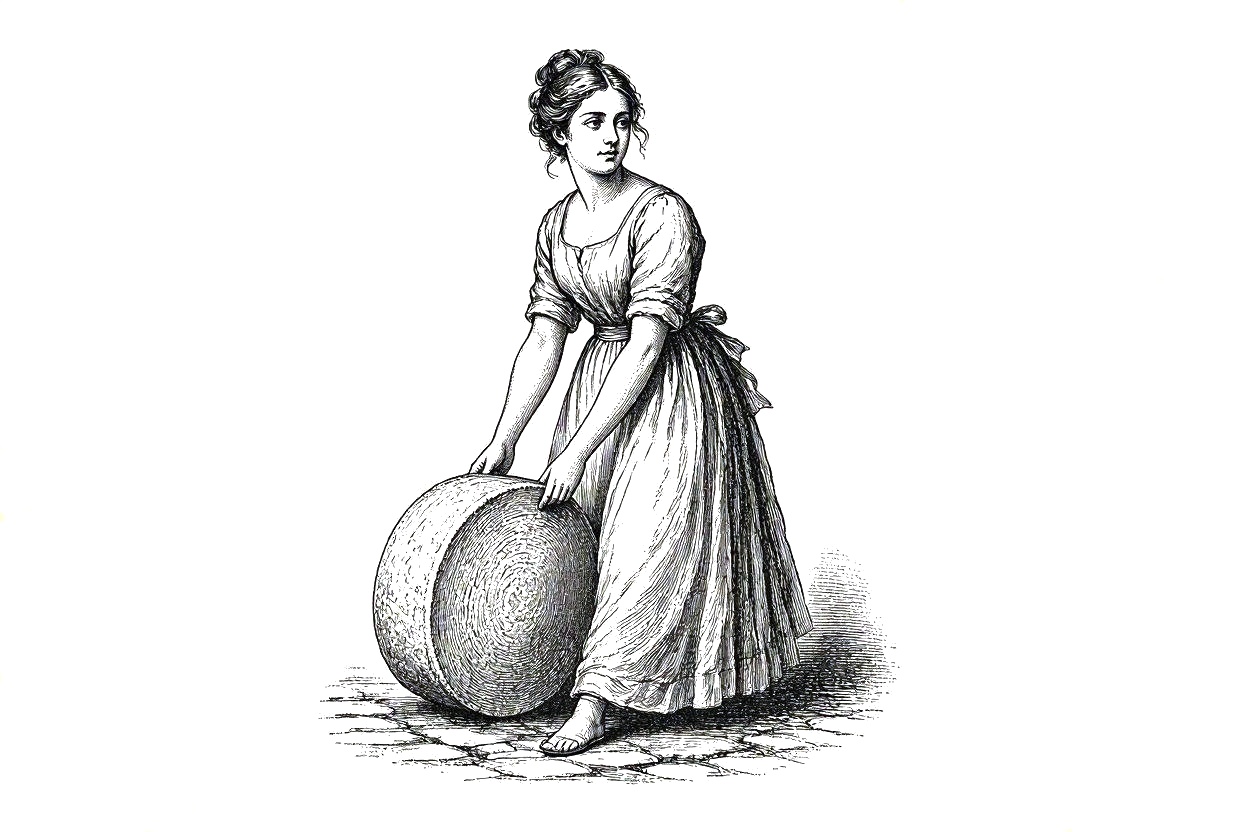 A young woman rolling a great wheel of cheese