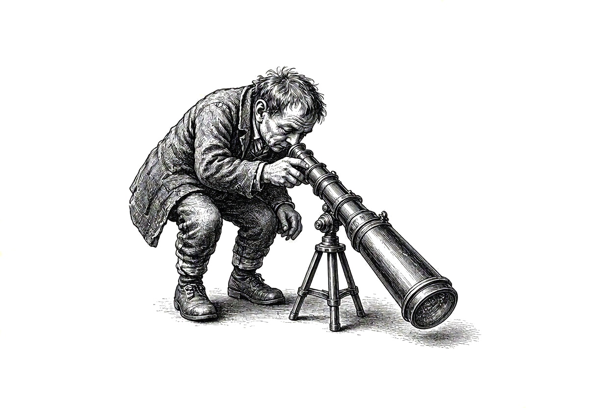 A man searching the horizon through a telescope