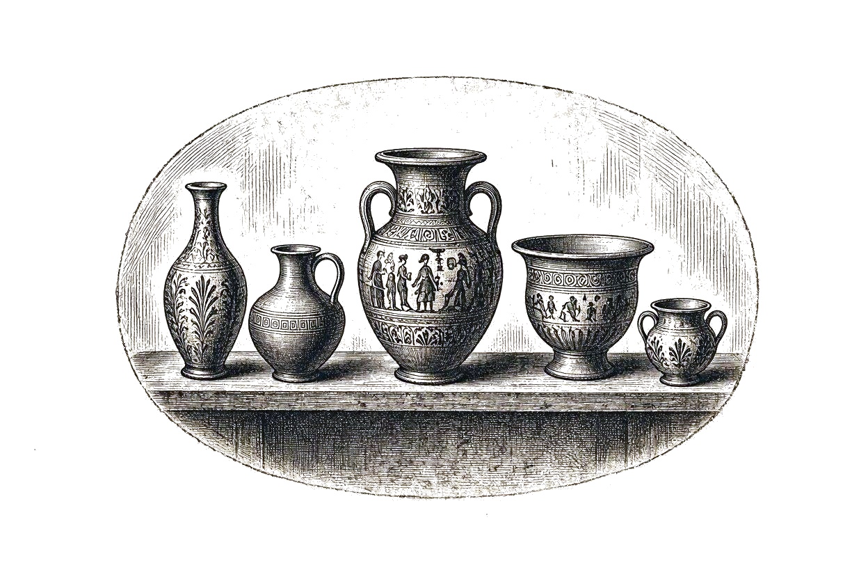 Five ancient Greek vases arranged on a shelf, rendered in engraving style